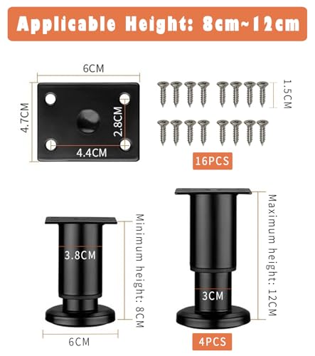 Pack of 4 Furniture Feet, Adjustable Table Legs, Metal Furniture Legs, Table Feet, Height Adjustable, Furniture Legs for Cabinet, TV Cabinet, Bed, Sofa Feet, Bedside, Chair, Bathroom Cabinet (Black, 8