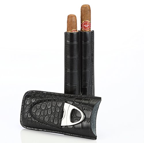 Black Leather Cigar Case Holder for 2 Cigars with Cutter Set â€“ Perfect Size for Shirt Pockets Golf Cart or Travel
