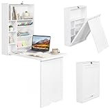 Tangkula Folding Wall Mounted Desk, Convertible Fold Out Floating Table with Storage Shelves, Space-Saving Drop Leaf Table, Murphy Desk for Craft, Study, Small Spaces, Home Office, Dorm, White
