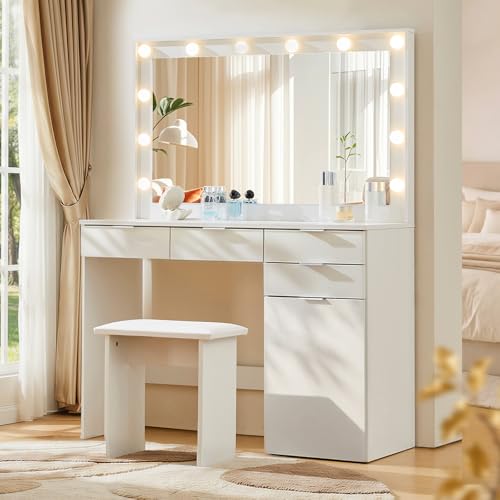 TUKAILAI Große Schminktisch mit LED Beleuchtung und Hocker Kosmetiktisch mit 4 Schubladen,Vanity...
