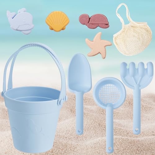 Image of MEWTOGO Silicone Beach Sandbox Toys Set for Toddlers 1-3, Boys Baby Toys with Shovel Portable Beach Bag, Kids Beach Bucket with Sand Toy Molds for Outdoor Summer Playset Travel (Blue, 9Pcs)