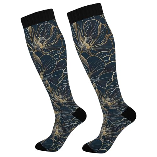 ALAZA Athletic Compression Socks Knee High Socks Stockings for Women Golden Flower Line Art Running Circulation Sport Football