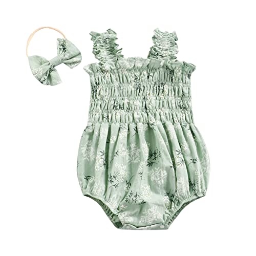 Image of Newborn Baby Girl Bodysuit Sleeveless Halter Frill Romper One-piece Jumpsuit with Headband Summer Clothes Set