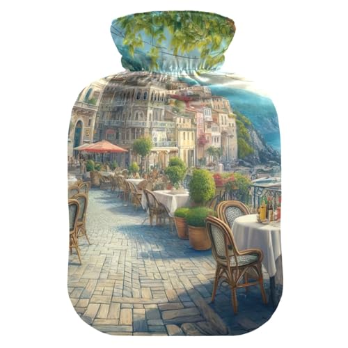 Outdoor Cafe Cityscape Hot Water Bottles Water Heating Pad Hot Water Bag for Pain Relief, 1L