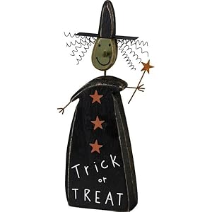 Trick or Treat Witch Chunky Wood Shelf Sitter Primitive Halloween Figurine for Holiday Kitchen Farhouse Home Decor