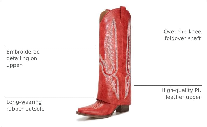 Image of Women's Fold Over Knee High Shark Boots 4-Inch Wedge Heel Side Zipper | Fold-over shark-boot silhouette, full side zipper, 4-inch wedge heel, PU upper, size-specific calf and opening chart