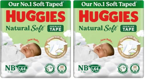 Image of Huggies Natural Soft Premium Tape Diapers Newborn /Extra Small (NB /XS) Size, Upto 5 kgs, 64 Count | Our No.1 Soft Taped Diaper with Cloud Soft Bed, designed for Newborns with Runny Poo Absorption