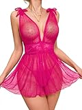 Lilosy Plus Size Curvy Sexy Polka Dots Mesh Sheer Babydoll Chemise Lingerie Set Floral Lace Sleep Wear Women Deep V Slip Night Dress Nighty Negligee Gown with Thong 2 Piece Neon Hot Pink XXX-Large