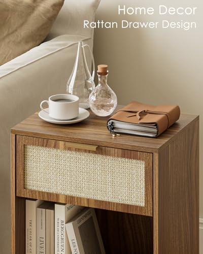 Image of Masupu Rattan Nightstand,Modern Night Stand Boho Farmhouse Wood Bedside Table with Storage Drawer Side End Table for Bedroom, Office,Walnut Brown