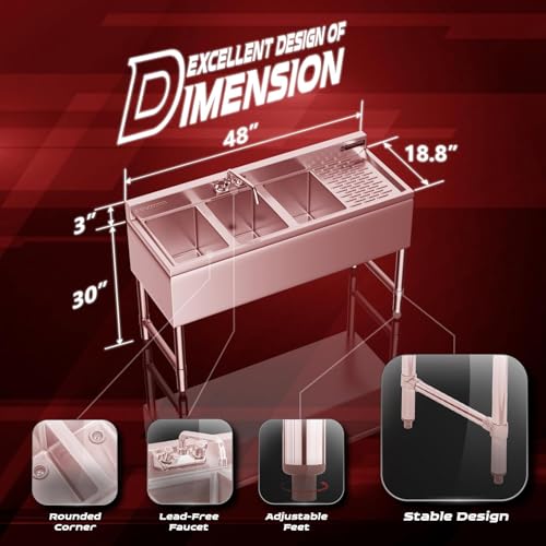 Image of DuraSteel 3 Compartment Sink Commercial Kitchen Sink - NSF Stainless Steel Triple Three Bay Utility with CEC No Lead Faucet - Right Drainboard Restaurant Bar Small Garage Slop Prep Food Truck Large