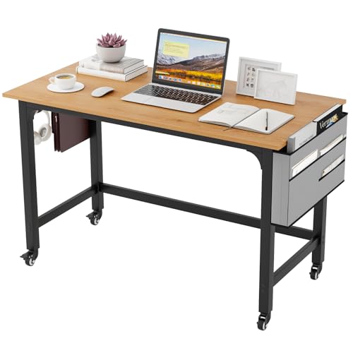 Tangkula 48” Mobile Computer Desk with Storage Bag & 2 Hanging Hooks, Rolling Home Office Writing Study Desk, Rolling PC Workstation with Lockable Universal Casters for Study Room, Bedroom