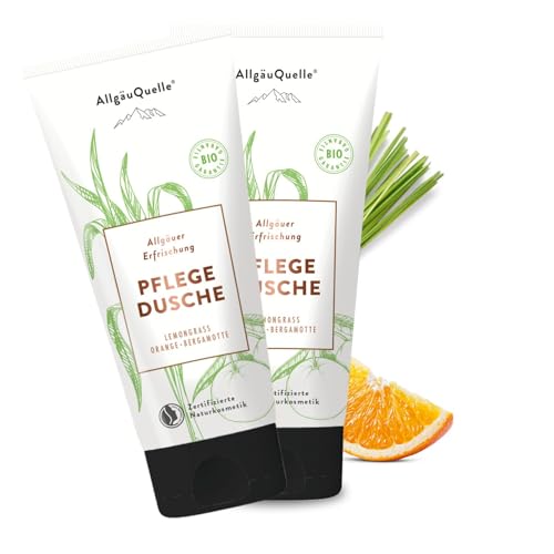 AllgäuQuelle® Pflegedusche Allgäuer Erfrischung | BIO Duschgel für Männer und Frauen | ätherische Öle von Lemongrass, Orange u. Bergamotte, 2 x 100 ml
