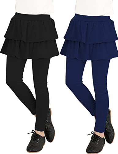 Kiench Girls' Leggings with Skirts Ruffle Cotton Footless Tights 2-Pack