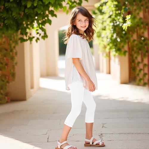 Girls 3/4 Leggings Stretchy High Waisted Lace Trim Smocked Capri Leggings Summer Yoga Dance Pants Lightweight2