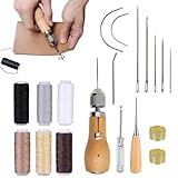 Leder Nähset, Lederhandwerk Ledernähset,Nähset grundausstattung Enthalten Leder Nähahle,Hand Ledernadeln,6 Rollen Leder Wachsfaden,Mit 7Pcs Nadel, Messingring,Greifer,für DIY Handwerk