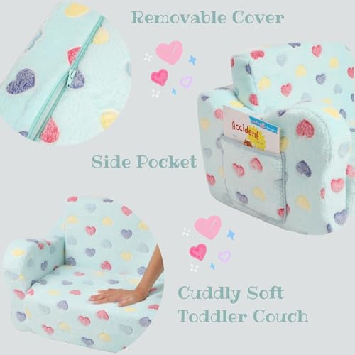 Toddler Couch, 2-in-1 Kids Soft Couch Fold Out with Star Pillow, Foldable Sofa to Lounger, Medium, Colorful Heart