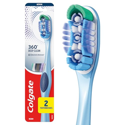 Colgate 360° Deep Clean Medium Manual Toothbrush (Pack of 2), Medium Bristles, 4 in 1 Bacteria Removal from Teeth, Tongue, Cheeks, Gums