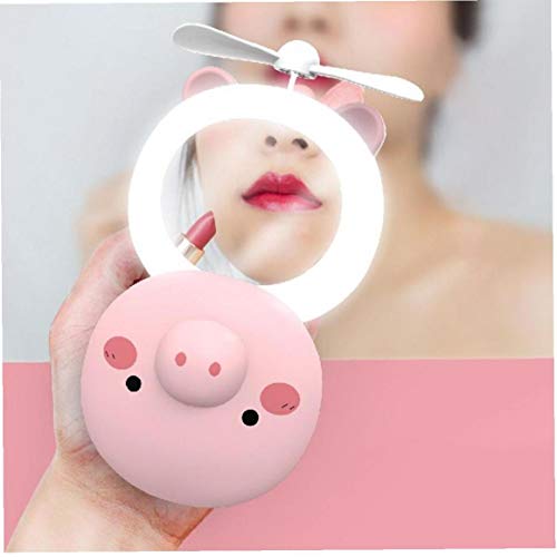 Tragbare Hellrosa Led Spiegel-Taschen-kleine Ventilator Schwein Schönheit USB-Lademinihand kleinen Ventilator mit Spiegel Led