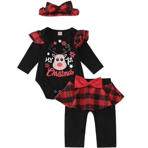 Asmea Roupas bebé menina roupa de Natal bebé fato de Natal bebé conjunto de Natal bebé disfarce Natal bebé o primeiro Natal body bebé reno+calças bandana roupa bebé menina 0-18 meses, Preto