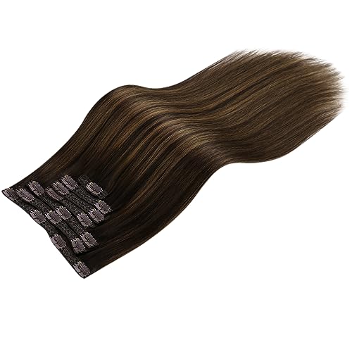 Foto von Moresoo Echthaar Extensions Clip Balayage Braun Extensions Clip in Echthaar Remy Ombre Dunkelstes Braun mit Mittelbraun Haarverlängerung Echthaar Clip #2/6/2 Glatt Haare 7 Tressen 120g 50 cm