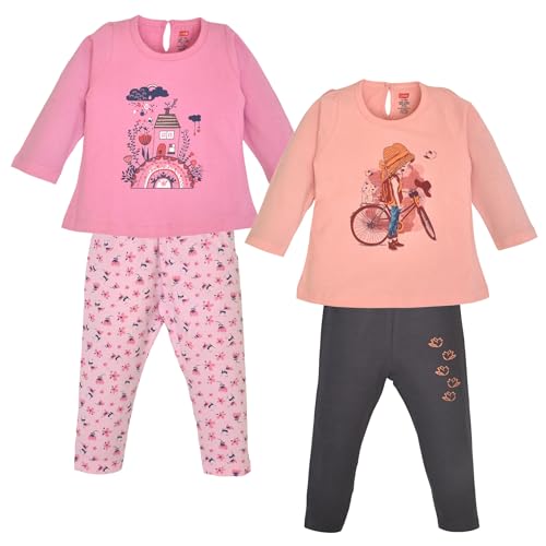 LuvLap Baby Girls 100% Cotton Full Sleeve Girls Top & Pyjama CoSets Pack of 2, Deep Pink & Peach, M (3 to 6 Months)