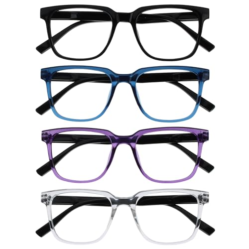 OPULIZE LEO Gafas de Lectura - Pack de 4 - Montura Rectangular Grande - Negro, Azul, Morado, Transparante - Hombre Mujer - RRRR55-135C - +2.50