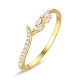 GLOQUAT 18K Gold Plated Rings Leaf Ring Cubic Zirconia Stackable Gold Rings Wedding Band with Clear CZ Stones Vintage Fake Engagement Ring Diamond Rings Eternity Rings for Women Ring Size 7