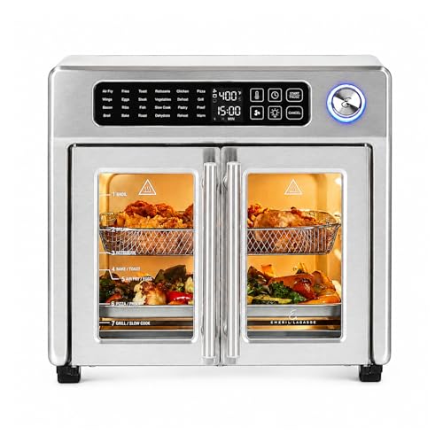 Emeril Lagasse Extra Large French Door Air Fryer Toaster Oven Combo, 24 Cooking Functions and Digital Controls, 7 Accessories Included, Stainless Steel Finish, 26QT Capacity