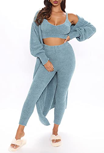 Women's Fleece 3 Pc Teddy Loungewear Spaghetti Strap Crop Tank Wide Long Pants Fuzzy Kimono Cozy Sweatsuit Set Light4