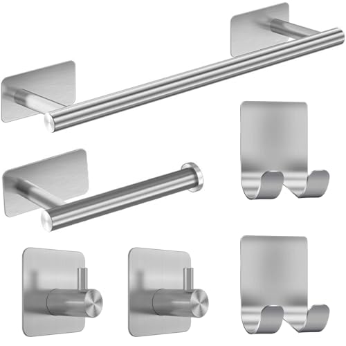 Juego de Accesorios de Baño, Toalleros de Baño sin Taladro 6 Piezas, Toalleros de Baño Accesorios Baño de Acero Inoxidable, Juego Accesorios Baño Contiene Toallero Adhesivo Baño Portarrollos