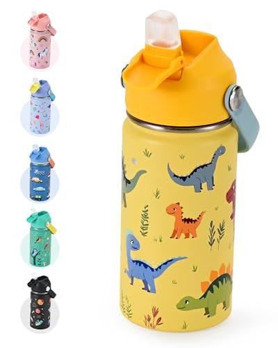 Kids Water Bottle 14oz with Silicone Straw Lid - Insulated Toddler Water Bottle Stainless Steel...
