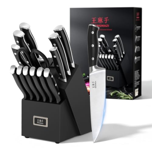 WANGMAZI 15-Pcs Knife Set, High Carbon Steel Ultra Sharp, Black Pro