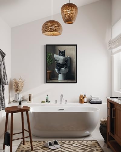 Image of Cat Black on Toilet Wall Art Print Poster, Dog Bathroom Humor Decor Posters Prints for Restroom Home Picture Painting Artwork Gallery 7 (Cat Black, 14 inchL x 11 inchW, Black Frame)