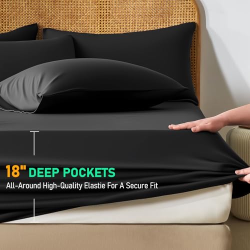 Image of 100% Viscose Derived from Bamboo Sheets Queen Size, Soft & Cooling Viscose from Bamboo Sheets Set, Organically Grown,Breathable & Soft Deep Pocket Up to 18 Inches(Black)