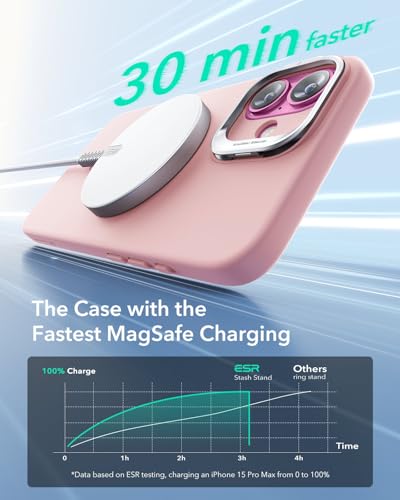 Image of ESR for iPhone 16 Plus Case, Silicone Case with Stand, Compatible with MagSafe, Built-in Camera Stash Stand, Magnetic Phone Case for iPhone 16 Pro Max, Cloud Series, Pink