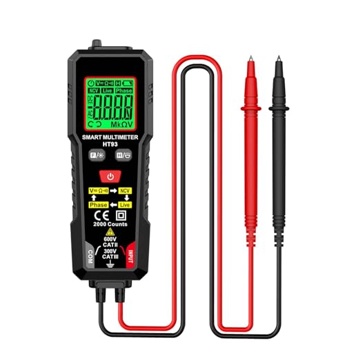 HT93 Digital Multimeter - 2000 Counts Auto Ranging Voltage Tester for AC and DC Voltage and Resistance with NCV Detection and Live Wire Probe - Includes Flashlight and