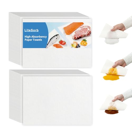 LiteSorb Ultra Absorbent Kitchen Paper Towels,Natural Wood Pulp Strong Absorbent Sheets for Fruits,Vegetables,Seafood,Raw Meat,Quickly Soak Up Moisture and Juices Keep Cleaner and Drier