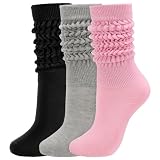 Forwe 3 Pairs Slouch Socks for Women Size 9-11 Soft Extra Long Scrunch Knee High Boot Socks(3- Black Grey Pink)