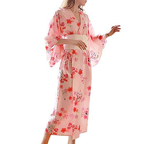 HongH Women's Floral Print Traditional Japanese Kimono Goldfish Obi Blossom Yukata Costume Set Belt Robe, 04# Long Pink, Large - Thumbnail 7