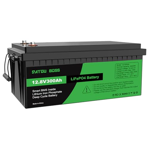 DATOUBOSS 12V 300Ah LiFePO4 Lithium Leisure Battery 3840Wh Built-in 200A BMS 300Ah Lithium Leisure Battery 4000-15000 Deep Cycles Support in Series/Parallel for RVs Boats Home Energy Storage