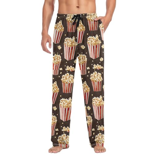 Men’s Cartoon Popcorn Pajama Pants with Pockets, Comfortable Lounge Sleep Bottoms#4693
