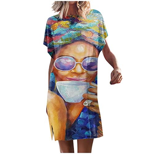 Damen Sommer Etuikleid Sommer Urlaub Rundhals Bedruckt Fledermausärmel...