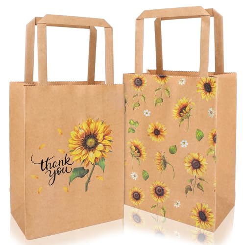 Whaline 16Pcs Sunflower Thank You Kraft Paper Bags with Handles Rustic Watercolor Floral Treat Gift Bags Candy Goodie Bag for Business Wedding Birthday Summer Holiday Party Favors