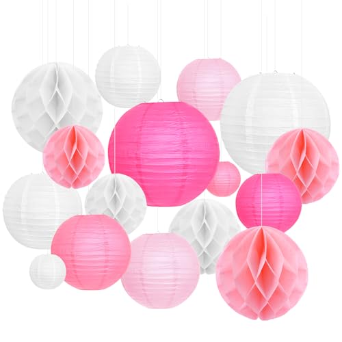 Juego De Faroles De Papel Farolillos Pompones de Papel De Rosa y blanco16Pcs Colgantes Redondos Decoraciones De Fiesta De para Cumpleaños Bodas Baby Showers Fiestas De Jardín Decoración