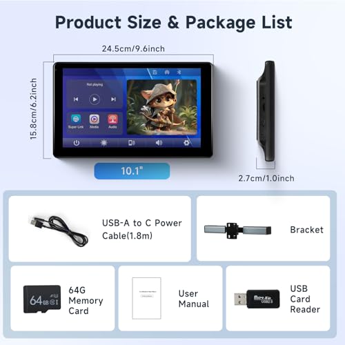 Tragbarer Auto-TV-Kopfstützen-Monitor-Player für den Rücksitz mit Bluetooth, 10,1-Zoll-IPS-Touchscreen-Videoplayer, unterstützt Carplay und Android Auto, Mirror Link + 64 GB TF-Karte
