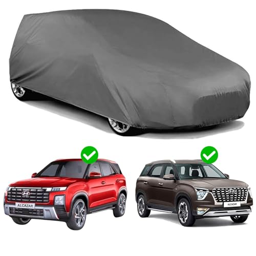 Image of Car Body Cover Compatible with Hyundai Alcazar | Waterproof Heavy Duty Car Body Cover + Sun Protection + Triple Stitched + Mirror Pocket (Silver)