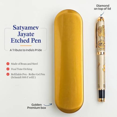 Image of India Pride Premium Engraved Metal Roller Pen | Luxury Brass Finish Writing Pen with Diamond Lid | Smooth Blue Ink | Executive Gift Pen for Professionals & Patriotism