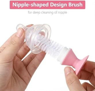 5-in-1 Baby Bottle Brush Set, Including Nylon and Silicone Bottle Brush, Cap, Straw, Nipple Brushes, BPA-Free (Pink)
