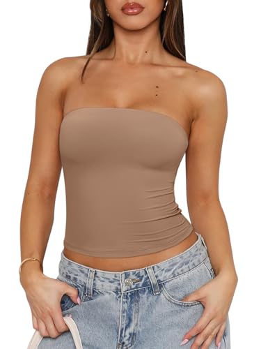 REORIA Women Strapless Tube Top Double Line Y2K Going Out Bandeau Crop Tank