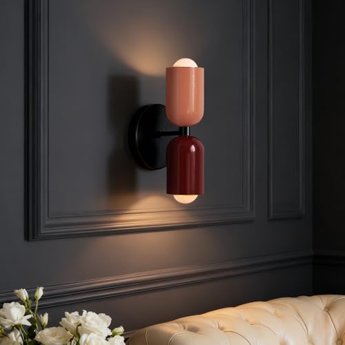 Image of Vintage Wall Sconce Bathroom Vanity: Mid Century Wall Lights Bedroom Hallway - Metal Wall Lighting Mirror (Pink & Red)